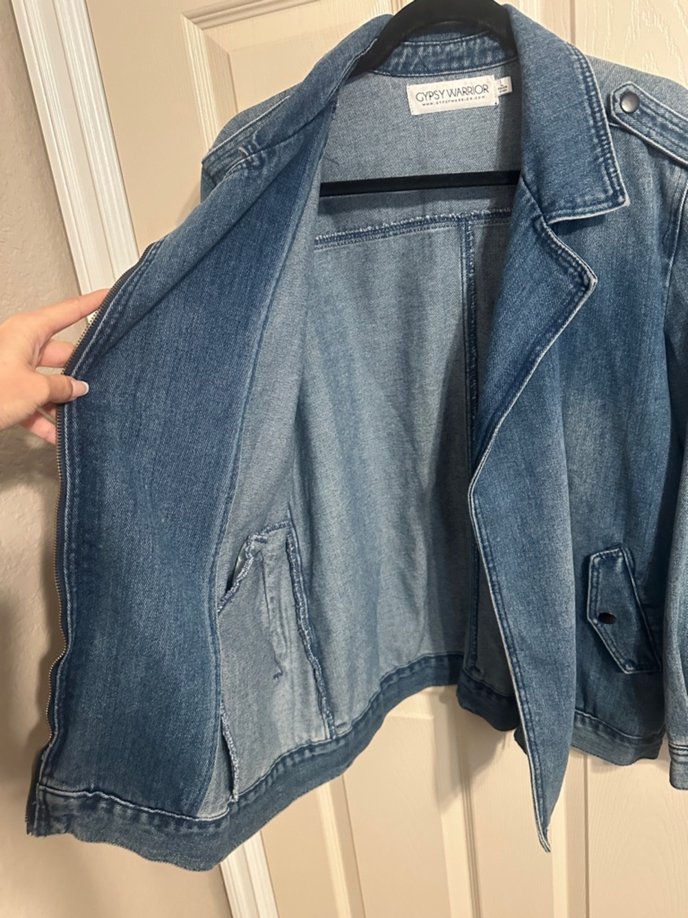 Gypsy Warrior Asymmetrical Full-Zip Denim Jean Jacket, Medium Blue Wash, Sz XL - Picture 8 of 16
